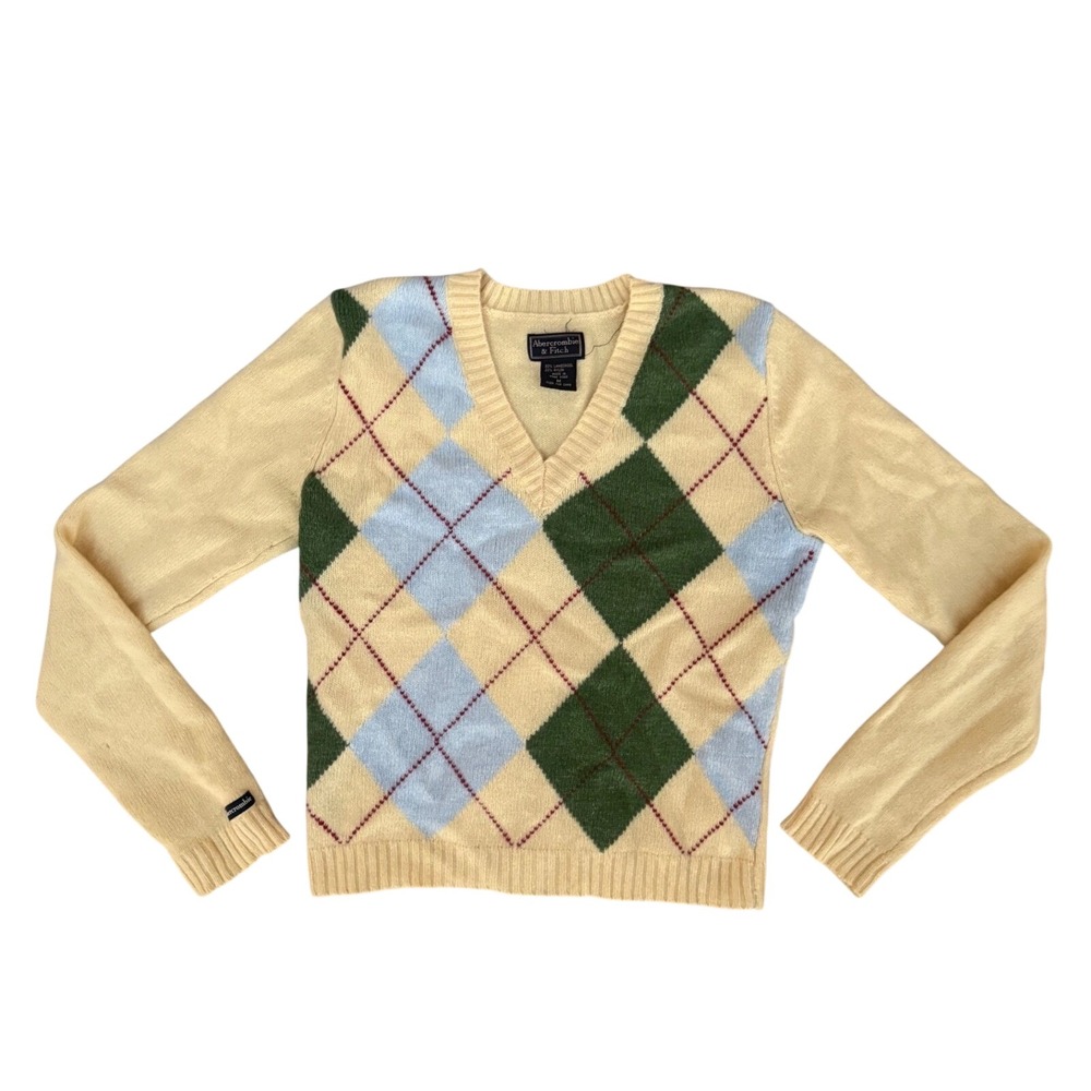 Abercrombie & Fitch Womens Yellow Argyle Lambswool V-Neck Sweater Size M Vintage